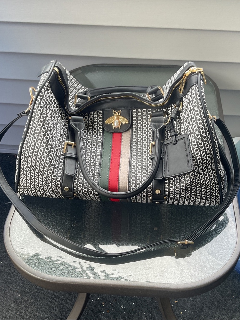 Black Patterned Satchel with Red and Green Stripe